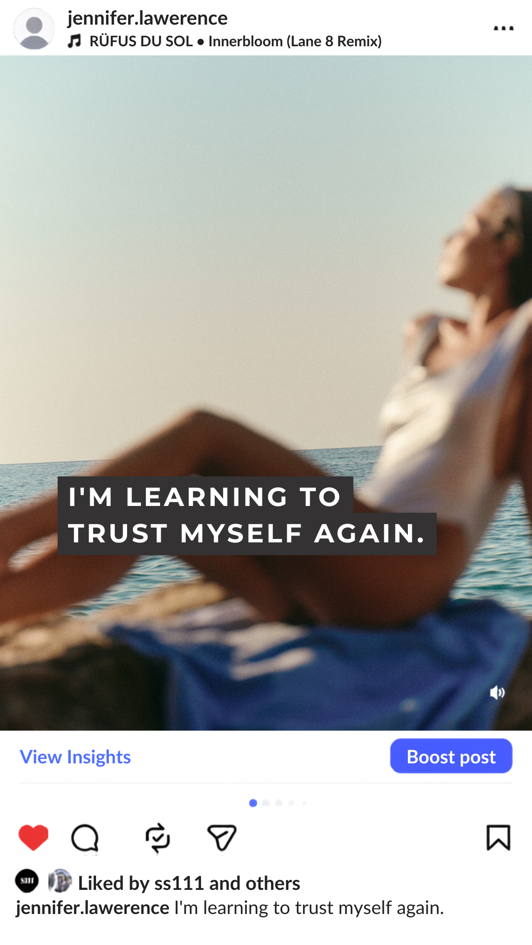 Instagram carousel post of a woman relaxing by the sea with a dark caption reading I'm learning to trust myself again